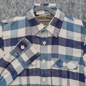 Rugged Point Flannel Shirt Mens M Blue White Plaid Heavyweight Cotton Workwear